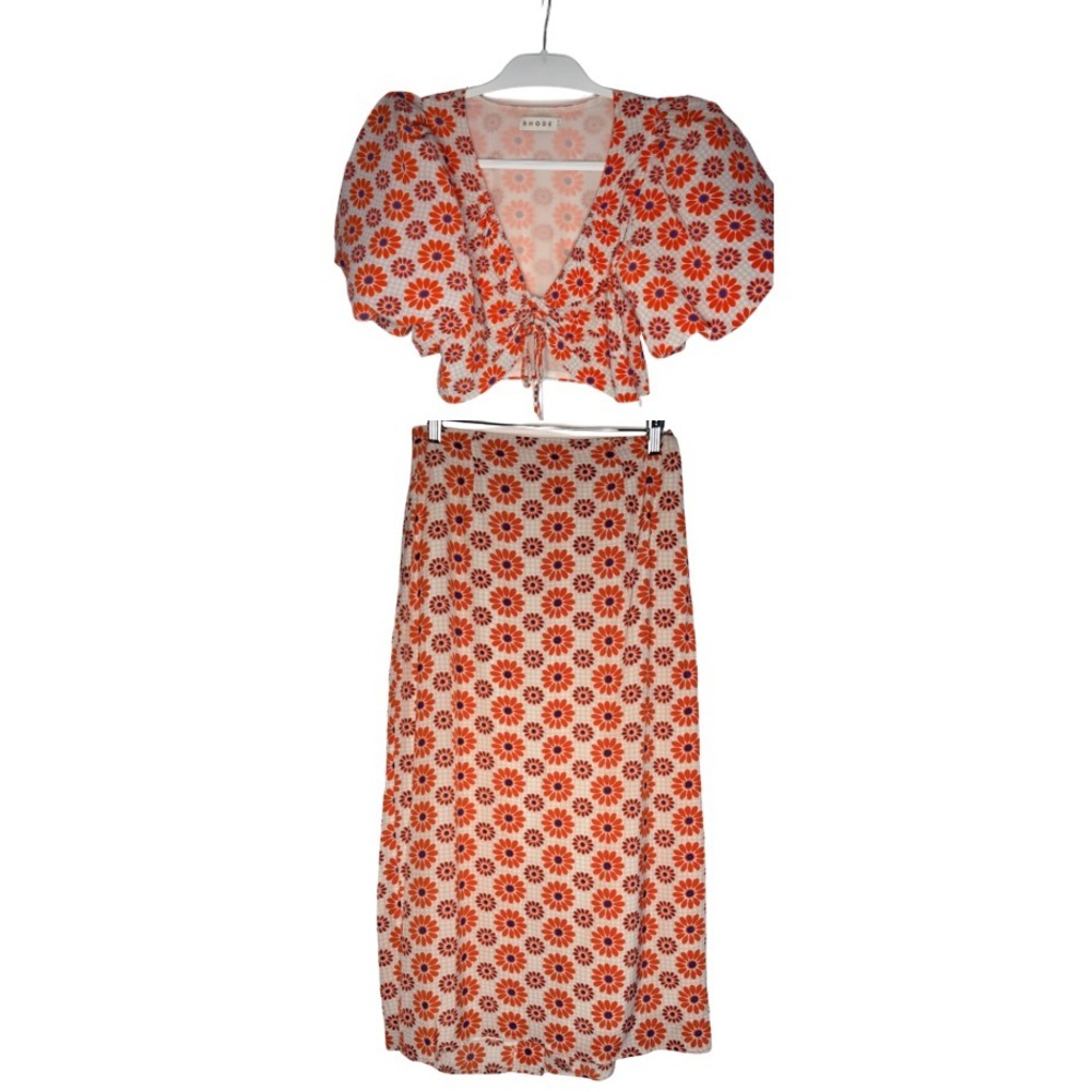 RHODE 2 Piece Floral Skirt Set Womens 4 Blue Orange Puff Sleeve Crop Top $450